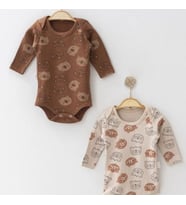Unisex Kahverengi Sevimli Ayıcık Baskılı %100 Pamuklu Bebek Uzun Kollu Çıtçıtlı Badi