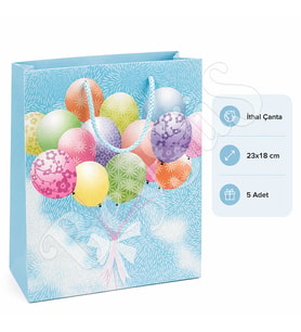 23x18 cm İthal Balon Temalı Hediyelik Kağıt Çanta Mavi 5 Adet