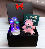 Siyah Hediye Kutusunda Renkli Led Işıklı Fanus ve Pembe Peluş Ayıcık (Model 2)