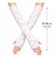Uzun Zarif Dantel Eldiven Parmaksız Beyaz 35 Cm