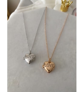 Kararmaz Paslanmaz Zirkon Taşlı Love Kapaklı Çelik Kalp Kolye (Gold)