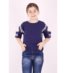 Toontoy Kız Çocuk Kol Detaylı Tişört (Lacivert)