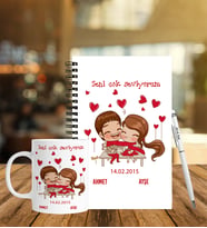 Sevgililer Gününe Özel Ahşap Defter Kalem & Kupa Hediye Seti 13
