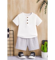 Unisex Bebek Çocuk %100 Pamuklu Çizgili Düğmeli Müslin 2'li Şortlu Takım - Bej