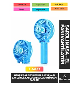 Sessiz 3 Kademeli Hafif Kablosuz 1200mAh Pervaneli Taşınabilir Usb Şarjlı Masa El Fanı Vantilatör
