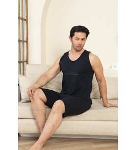 Erkek Bisiklet Yaka Düğmesiz %100 Pamuk Atlet Sporcu Kol Cepli Şortlu Pijama Takımı (Lacivert)