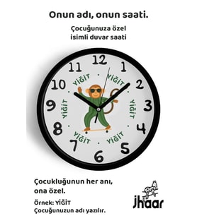 İsme Özel Gözlüklü Kaykaylı Maymun Çocuk Odası Duvar Saati Orta Boy 30 cm Siyah Camlı Sessiz