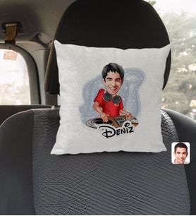 BK Gift Kişiye Özel İsimli Erkek Dj Karikatürlü Kare Araç Koltuk Yastığı-1