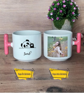 Sevimli Panda Kupa Bardak Fotoğraflı T Pembe Kulplu Arkadaşa Doğum Günü Hediyesi