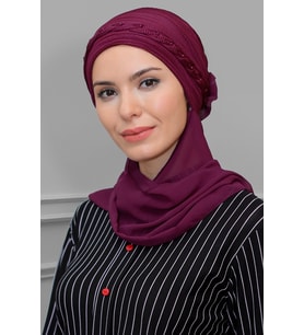 Şarabi Pratik Hazır Geçmeli Tesettür Bone Fukuro Piliseli Örgülü Şifon Atkılı 1825A_08