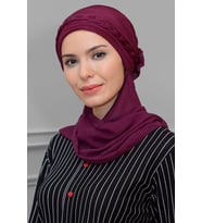 Şarabi Pratik Hazır Geçmeli Tesettür Bone Fukuro Piliseli Örgülü Şifon Atkılı 1825A_08
