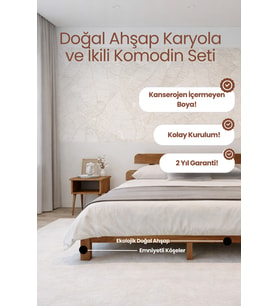 Lotus New Model Masif Ahşap Karyola ve 2 Adet Komodin Kolay Kurulum Fırınlanmış İthal Sibirya Çamı 120x200 Yatak Uyumlu 2 Adet Komodin