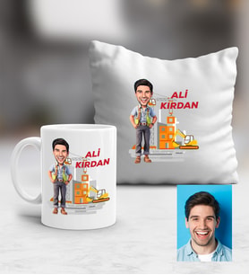 Kişiye Özel Karikatürlü İnşaat Mühendisi Kupa ve Yastık Hediye Seti Erkek İnşaat Mühendisine Mühendisler Günü Hediyesi (Beyaz)