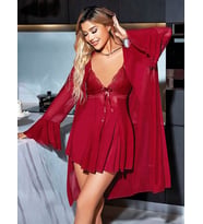Arias Closet Özel Tasarım Dantel İşlemeli Göğüs Dekolteli Sabahlıklı Bordo 2'li Tül Gecelik Takımı