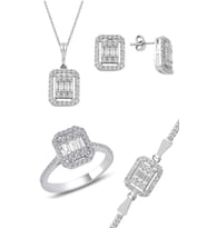 Söğütlü Silver Gümüş rodyumlu çizgili baget taşlı dörtlü set