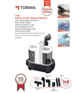 Torima V22B Koltuk ve Halı Yıkama Makinesi Cam Temizleme Leke Çıkartma Makinesi (Beyaz)