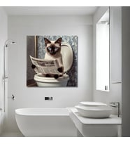 Tekli Kare Kanvas Banyo Tablosu Gazete Okuyan Siyam Kedisi