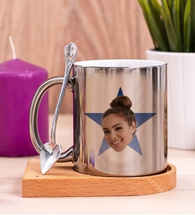 Kişiye Özel Mavi Yıldız Kafa Fotoğraflı Ahşap Altlıklı Silver Kupa Bardak