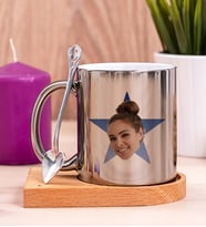 Kişiye Özel Mavi Yıldız Kafa Fotoğraflı Ahşap Altlıklı Silver Kupa Bardak
