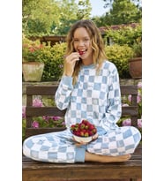 Aydoğan 'lucky' Yazılı Kadife Kare Desenli Kışlık Termal Pijama Takımı-25019 (Beyaz-Mavi)