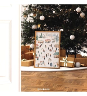Retro Noel Pazarı Sanatı - Şenlikli Duvar Dekoru  Eklektik Daireler ve Çocuk Odası Dekorasyonu için Noel Sanatı