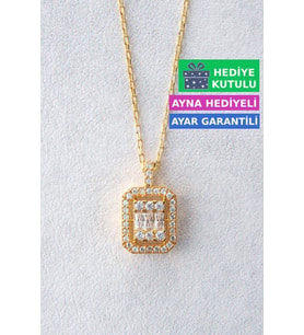 Jewelmim Baget Gümüş Kolye Sarı Altın Kaplama Baget Taşlı Kolye 925 Ayar Kadın Gümüş Baget Kolye (Sarı)