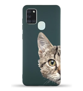 Samsung Galaxy A21s Uyumlu Lansman Kılıf Catface Tasarımlı İçi Kadife Kapak-Yeşil (Şeffaf)