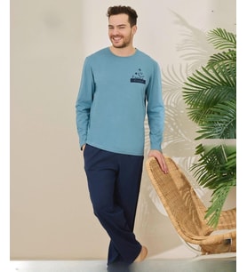Pijamoni Erkek Pamuklu Bisiklet Yaka Uzun Kol İnce Pijama Takımı 6150/4 - 1 Adet (Açık Mavi)