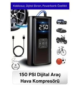 #HavaKompresör Dual Mod 150 PSI Led Powerbank Dijital Ekranlı Şarjlı Taşınabilir Araç Hava Kompresör
