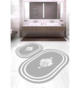 Dijital Baskılı Kaymaz Taban Yıkanabilir Oval 2'li Klozet Takımı Banyo Paspası NOKZ-HT-814 (Gri)
