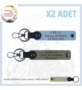 Motosiklet Aşıkları İçin, İsim Plaka ve 0 Rh (+) Kan Grubu Yazılı x2 Anahtarlık Set, Kül Gri-Mavi-SK (Çok Renkli)