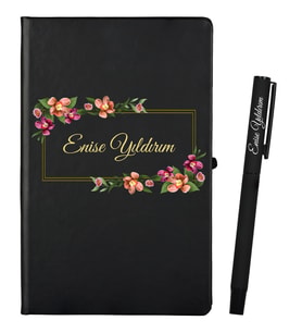 İsme Özel Arkadaşa Hediye Siyah Defter ve Siyah Roller Kalem Seti