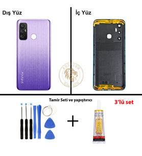Infinix Hot 11 Mor Uyumlu Lensli Arka Kapak + Yapıştırıcı ve Vida Seti Arka Cam Batarya Pil Kapağı