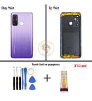Infinix Hot 11 Mor Uyumlu Lensli Arka Kapak + Yapıştırıcı ve Vida Seti Arka Cam Batarya Pil Kapağı