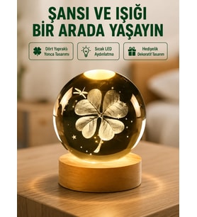 Yonca Figürlü Cam Küre Usb Işıklı Ahşap Tabanlı Dekoratif Masa Lambası