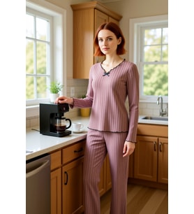 Kadın Fitilli Örme Pijama Takımı V Yaka Uzun Kollu Fonksiyonel Dayanıklı Kaliteli Konforlu