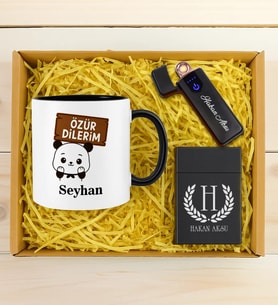 BK Gift Kişiye Özel Özür Dilerim Tasarımlı Siyah Kupa & Sigara Kutusu & Dokunmatik Alevsiz Çakmak Hediye Seti
