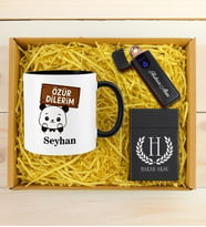 BK Gift Kişiye Özel Özür Dilerim Tasarımlı Siyah Kupa & Sigara Kutusu & Dokunmatik Alevsiz Çakmak Hediye Seti