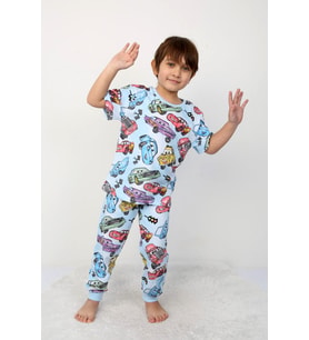 Erkek Çocuk %100 Pamuk Baskılı Pijama Takımı – Kısa Kollu, Sevimli Desenler (Mavi)