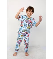 Erkek Çocuk %100 Pamuk Baskılı Pijama Takımı – Kısa Kollu, Sevimli Desenler (Mavi)