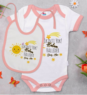 BK Kids Kişiye Özel Sıkıntı Yok Halam Halleder Tasarımlı Pembe Bebek Body Zıbın ve Mama Önlüğü Hediye Seti