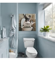 Tekli Kare Kanvas Banyo Tablosu Gazete Okuyan Siyah French Bulldog Köpek