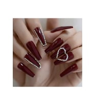 EDA LUXURY BEAUTY Koyu Kırmızı Bordo Takma Tırnak Lüks 3d Kristal Taşlı Desenli Extra Uzun Kare Ballerina Nail Art