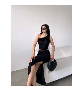 Kadın Tek Omuz Fırfırlı Yırtmaçlı Etekli İkili Takım