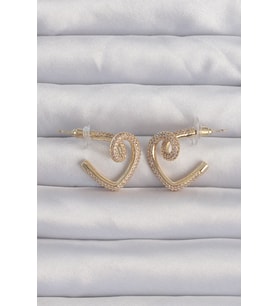 Pirinç Gold Renk Zirkon Taşlı Kıvrımlı Yarım Kalp Küpe TJ-BKP9279