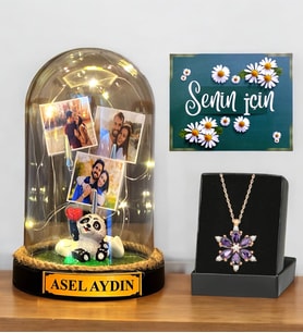 Size Özel Hazırlanacak Hediye Seti, İsimli 3 Fotoğraflı Işıklı Fanus ve Gerçek Ametist Taşlı Lotus Kolye (Model 4)