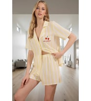 Kadın Çizgili Viskon Pijama Takımı Kısa Kollu Rahat Homewear Özenle Seçilmiş Seçkin Malzeme (Sarı)
