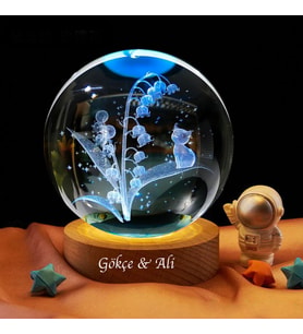 Kişiye Özel Işıklı Ahşap Kaideli Sevimli Kedi Cam Küre 8cm*6cm