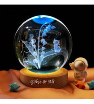 Kişiye Özel Işıklı Ahşap Kaideli Sevimli Kedi Cam Küre 8cm*6cm