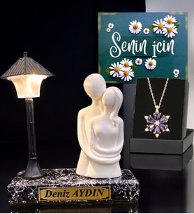 İsimli Biblolu Siyah Masa Lambası ve Gerçek Ametist Taşlı Lotus Kolye (Model 5)